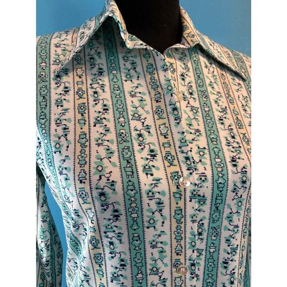 VTG Made in the USA KORET of California Women's Blouse Shirt Teal White Pattern - Picture 3 of 7